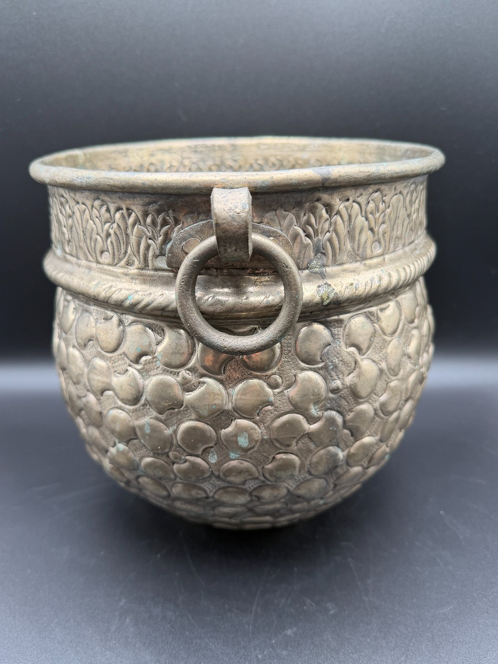 Modern Boho Hand-Hammered Indian Brass Jardinière Planter Cachepot with Ring Handles