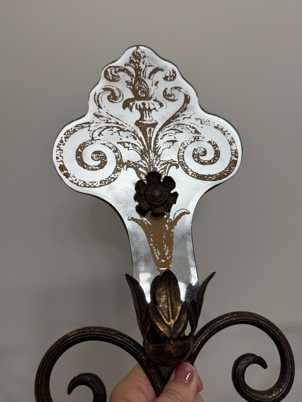 Ornate Iron & Etched Mirror Double Candle Wall Sconce
