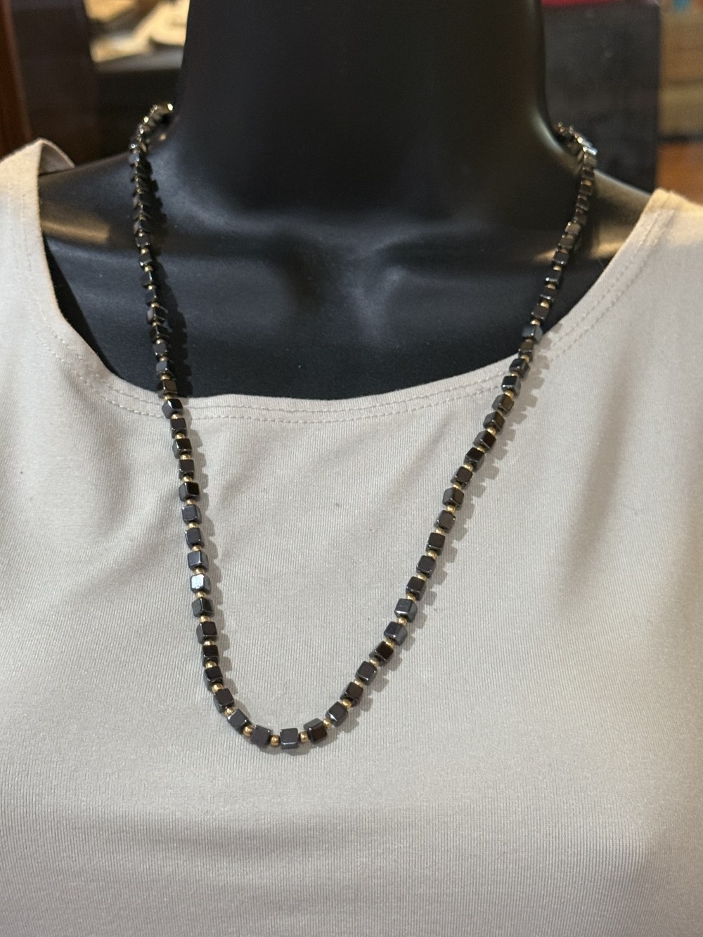 Necklace - Hematite Squares Gold Beads