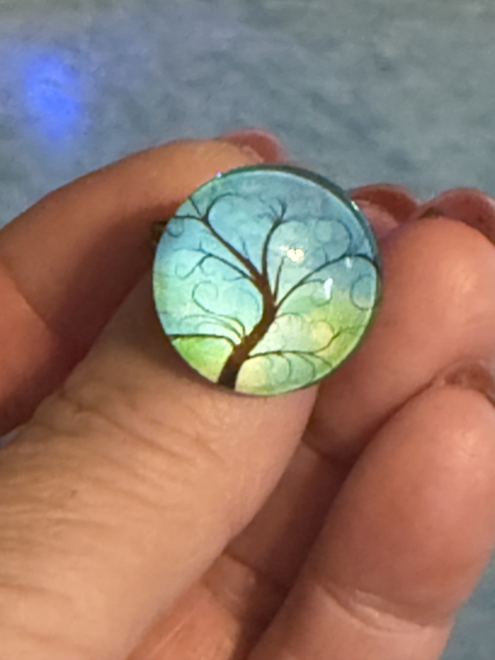 Adjustable Ring - Tree of Life Brown Tree Blue Background