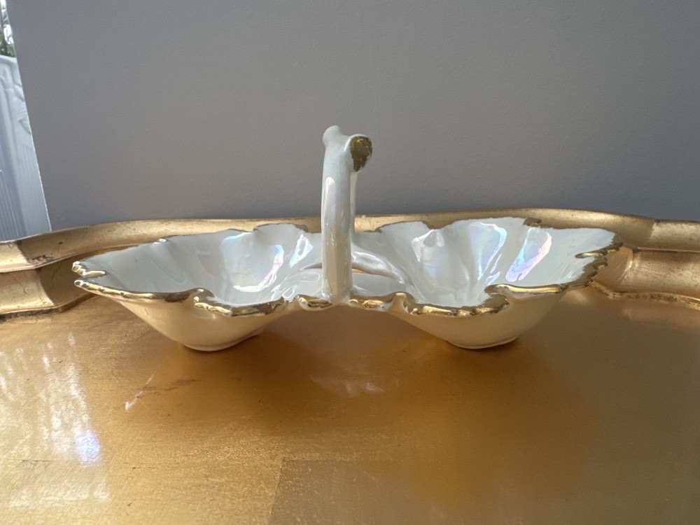 CANDY DISH, VINTAGE DOUBLE LEAF, IVORY & GOLD