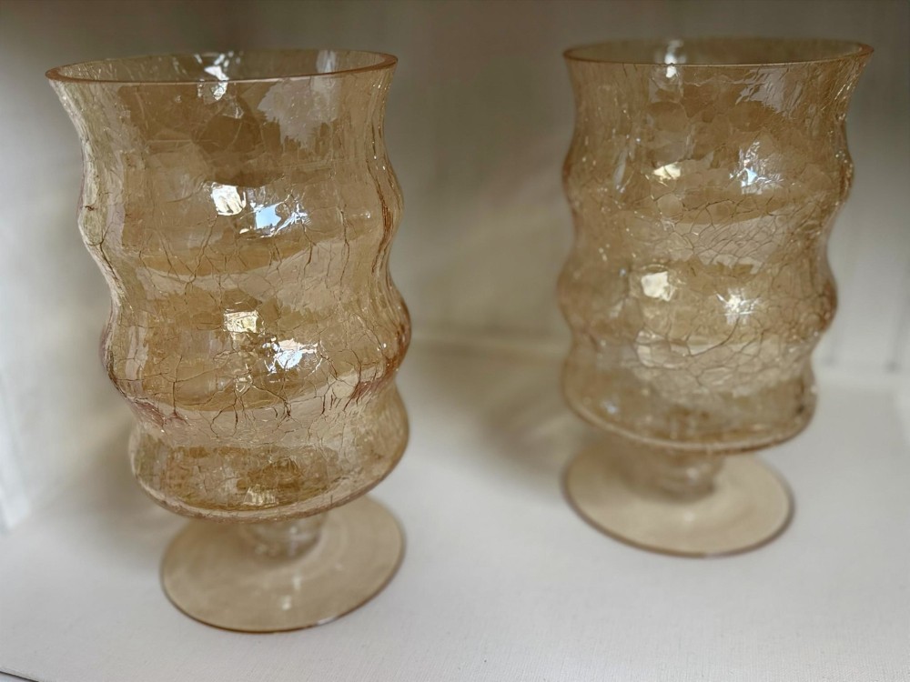 Pair of Vintage Amber Crackle Glass Lanterns