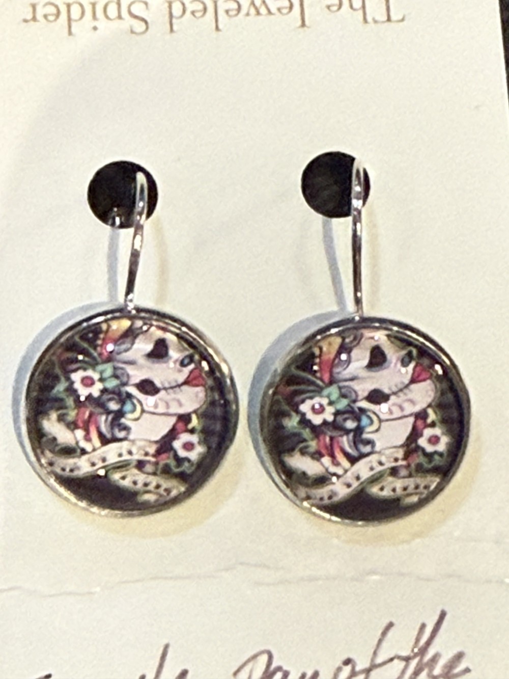 Earrings - Female Skull Profile w Rose Cameo Round, Day of the Dead