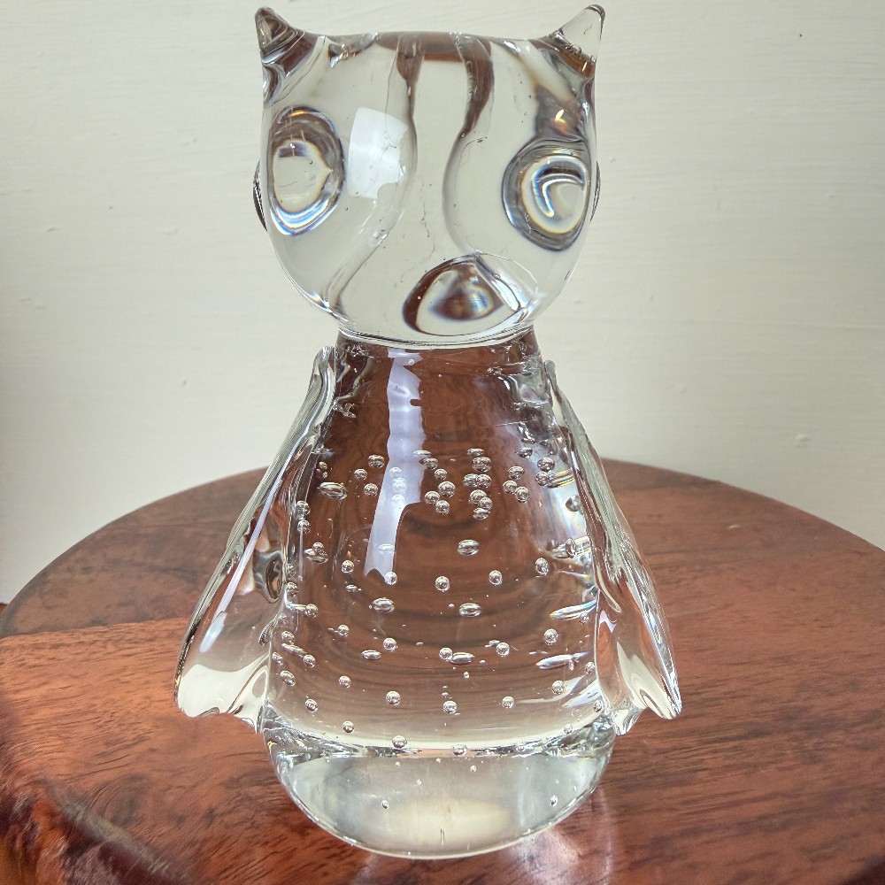 Clear Art Glass Controlled-Bubble Owl Figurine Paperweight