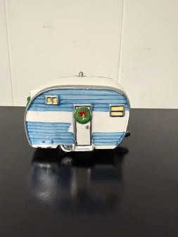 Dept 56 Woody & Camper Station Wagon Blue Camper Christmas Ornaments 2 piece Set