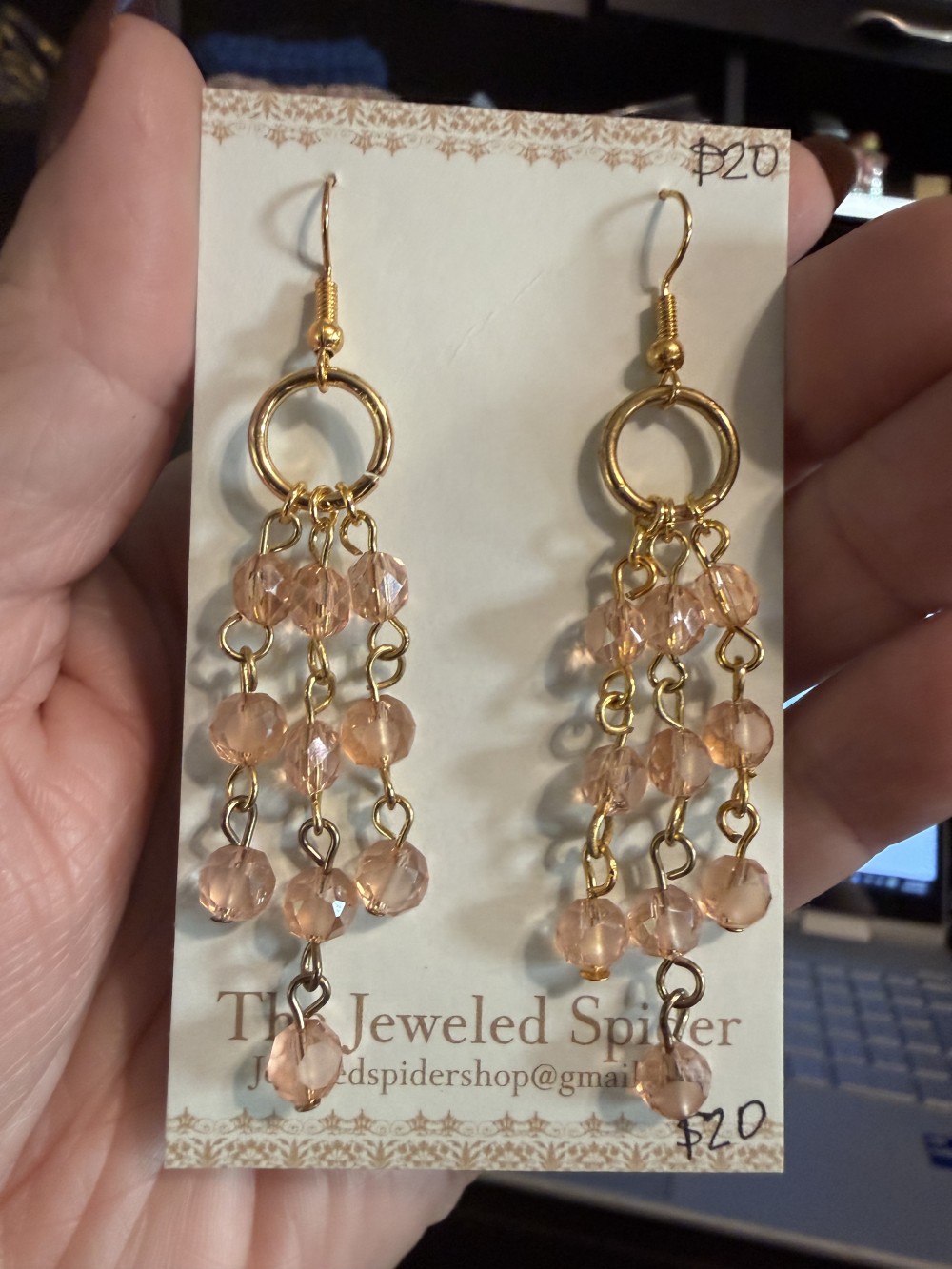 Earrings - Handmade Beaded Amber Rose Three Strand