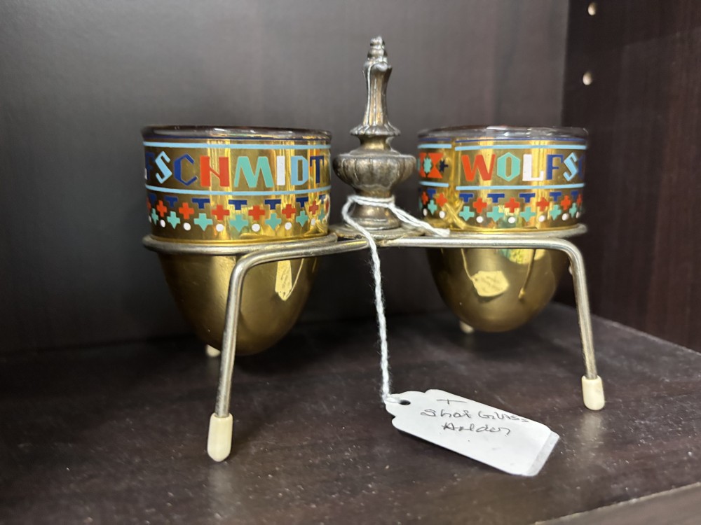 Vintage Mid-Century Shot Glass Holder with Schmidt’s & Wolfschmidt Advertising Shot Glasses