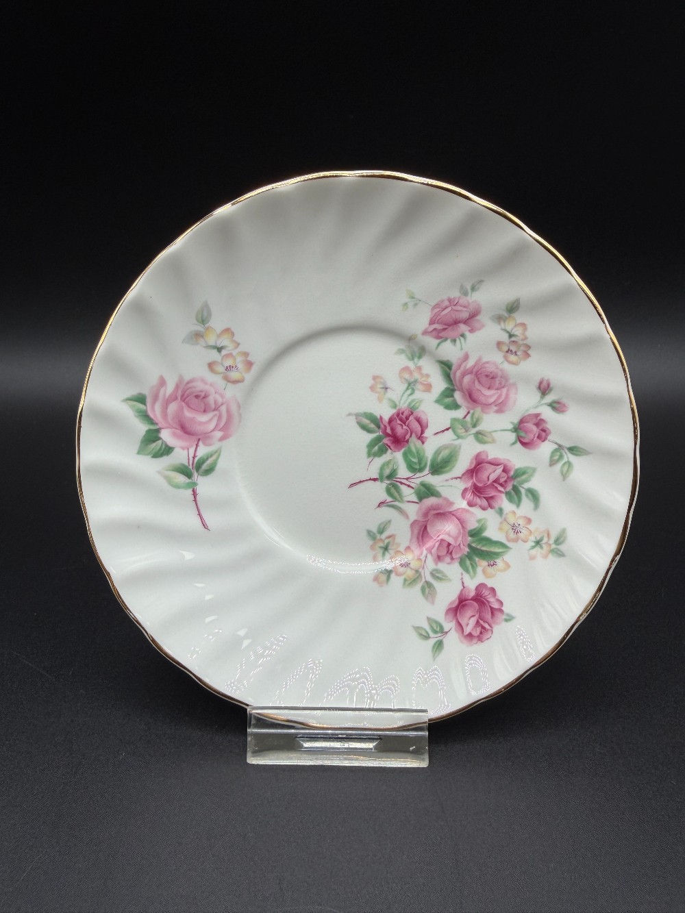 Vintage Royal Stuart Fine Bone China Demitasse Cup and Saucer Set - Swirl Fluted Pink Rose Pattern Made in England