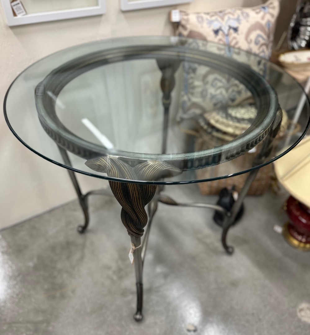 Round Beveled Glass Top Side Table with Ornate Metal Base