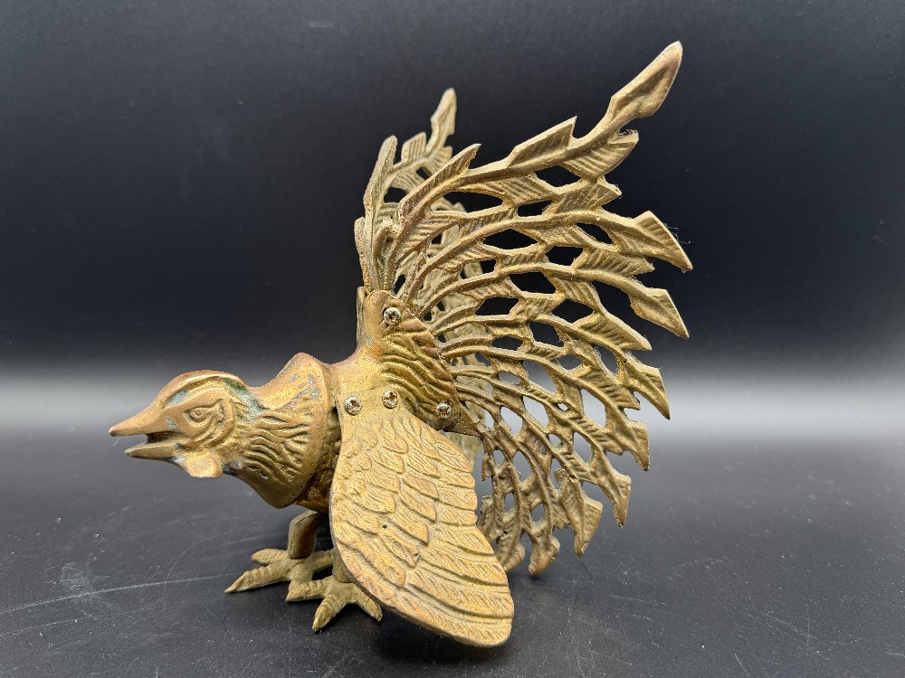 Mid-Century Open-Lattice Brass Fighting Roosters Gamecocks- Pair