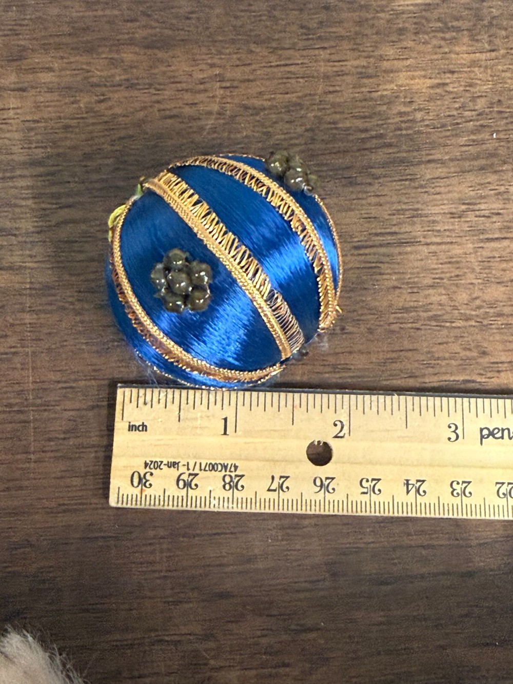 Blue Satin Thread Ball Ornament with Gold Trim and Beaded Clusters