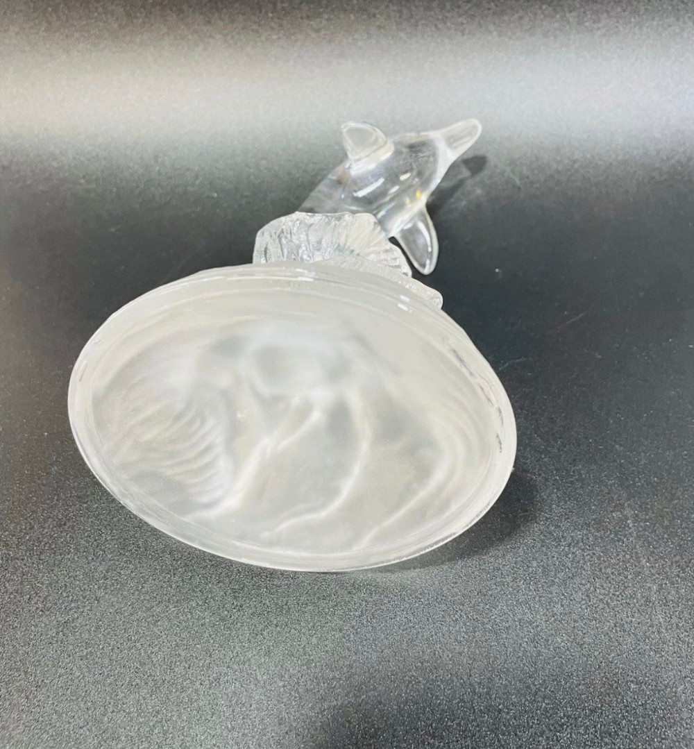 Dolphin Crystal Glass Figurine Leaping Dolphin on Frosted Wave Base Coastal Decor 6.5