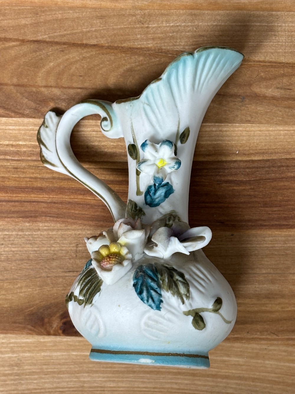 Vintage Ceramic Bisque Floral Ewer Pitcher Applied Flowers Gold Trim 4 Inch