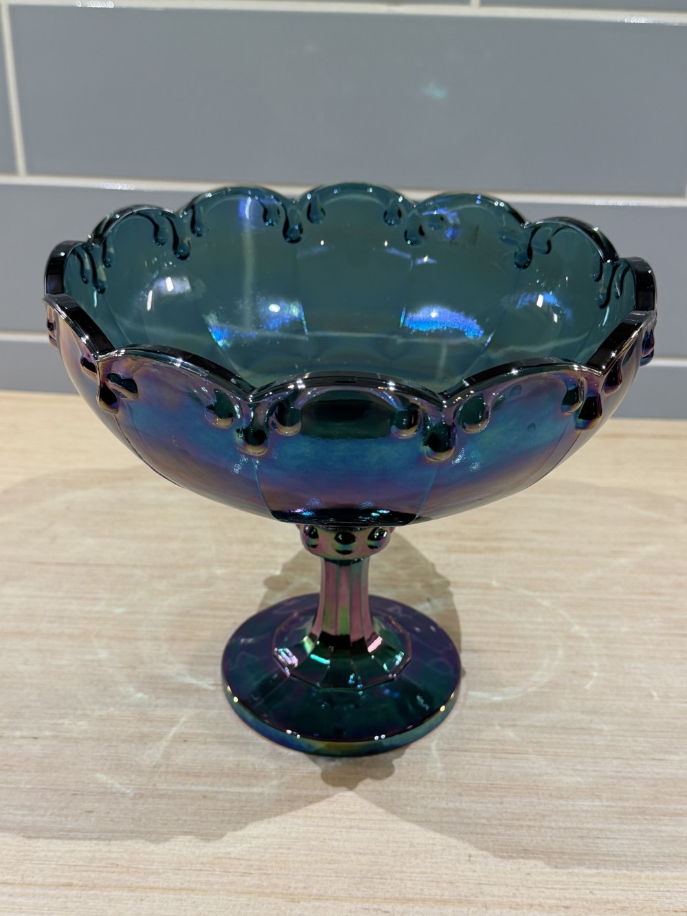 VTG Iridescent Teal Carnival Glass Compote 7.5’