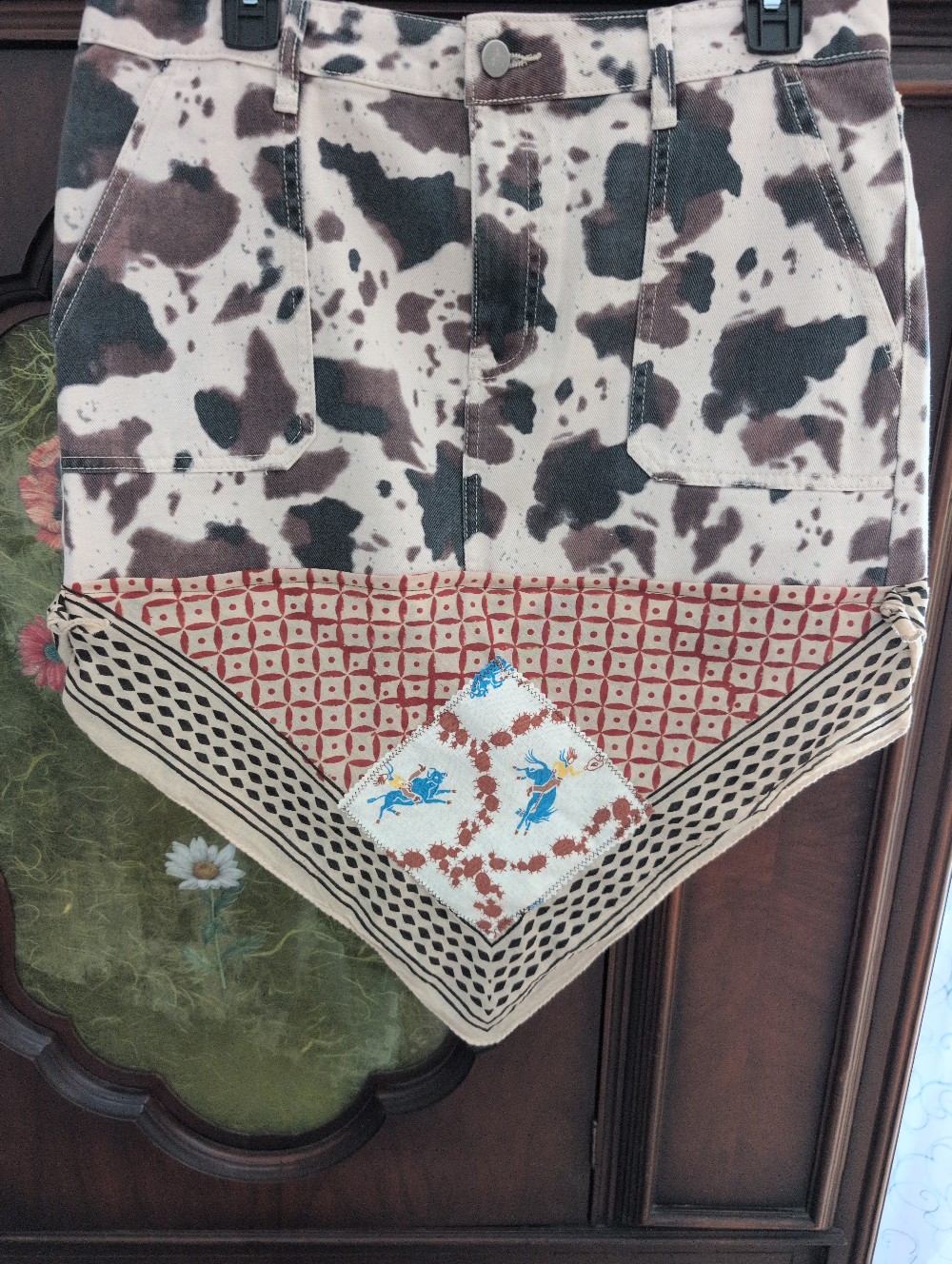 Cowgirl Denim Skirt with Bandana & Vintage Patches