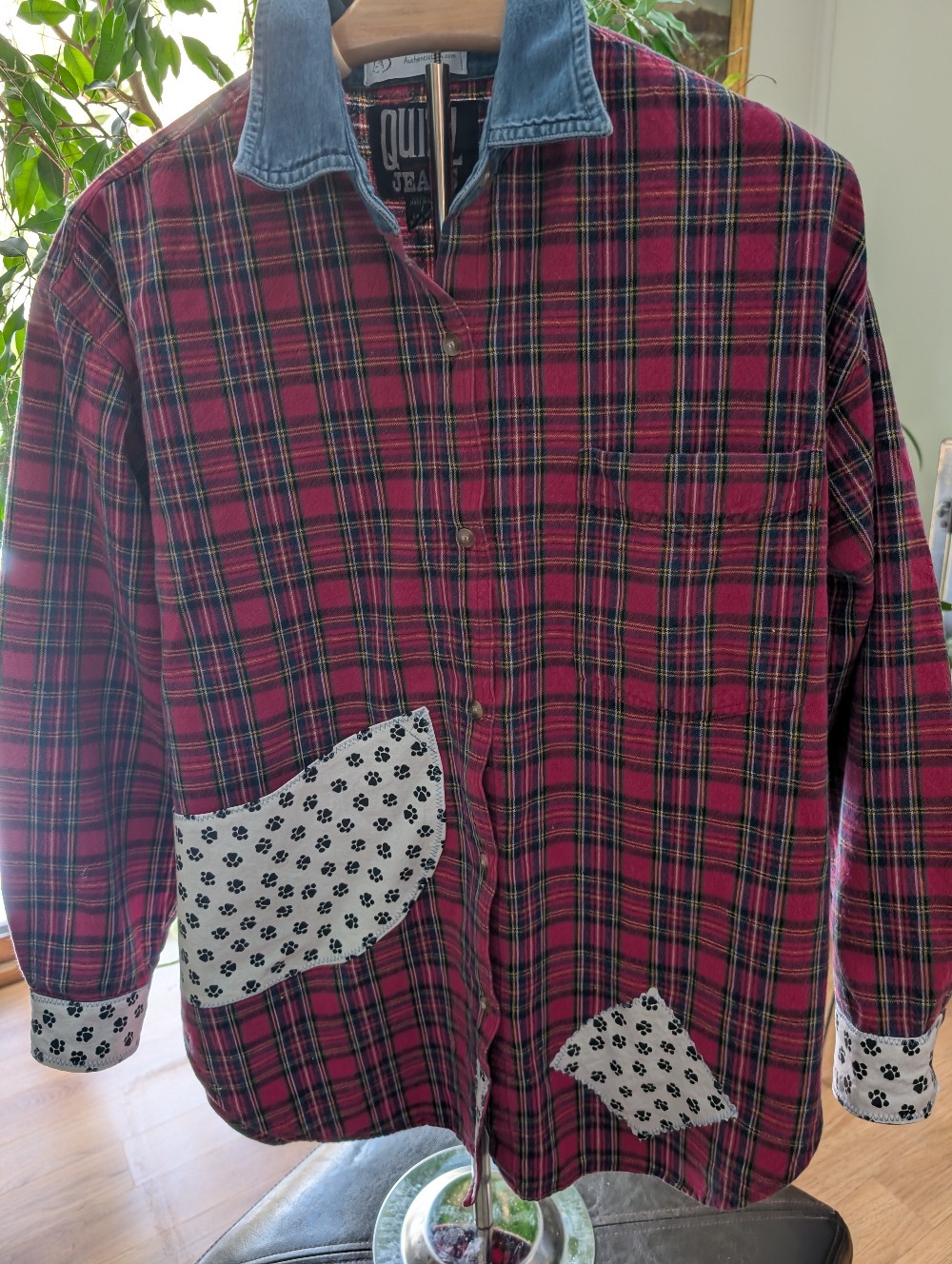 Dogs Red Plaid Denim Upcycled Shirt