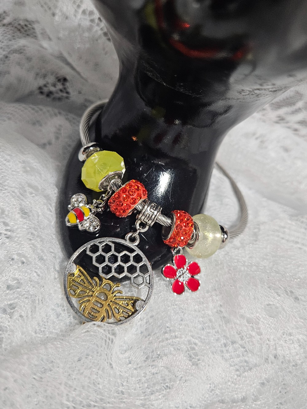 Bee, Bead, & Flower Bangle Bracelet