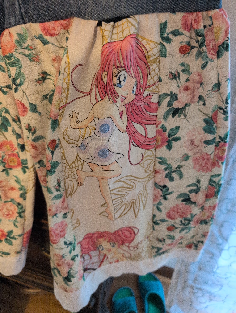 Anime Pink Lady with Parasol and Roses Bell Bottom Jeans