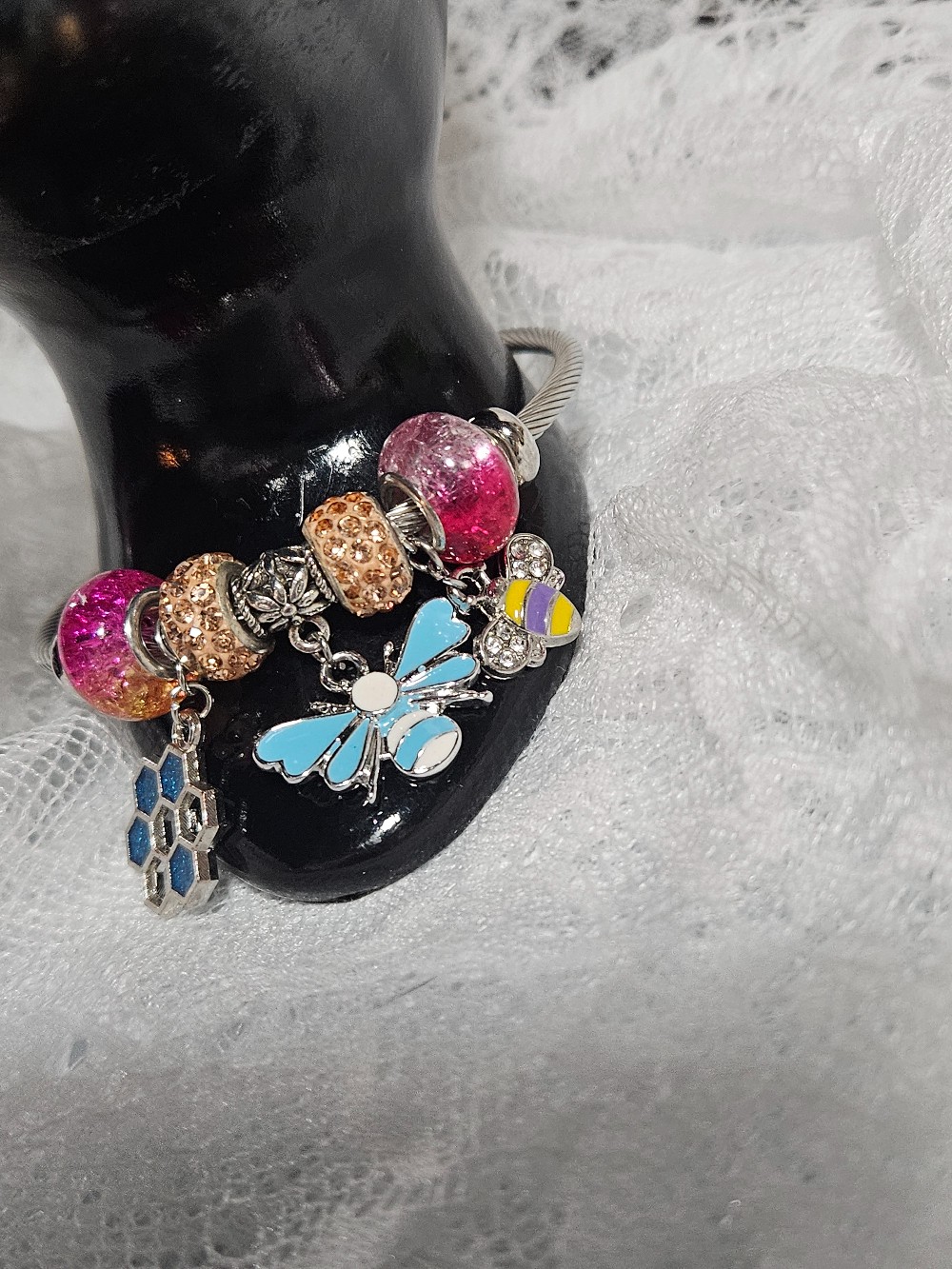 Bees, Honeycomb, & Bead Bangle Bracelet