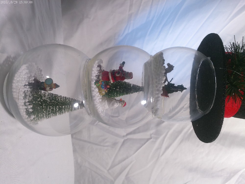 3 Tier glass snowman with Christmas scenes in each tire