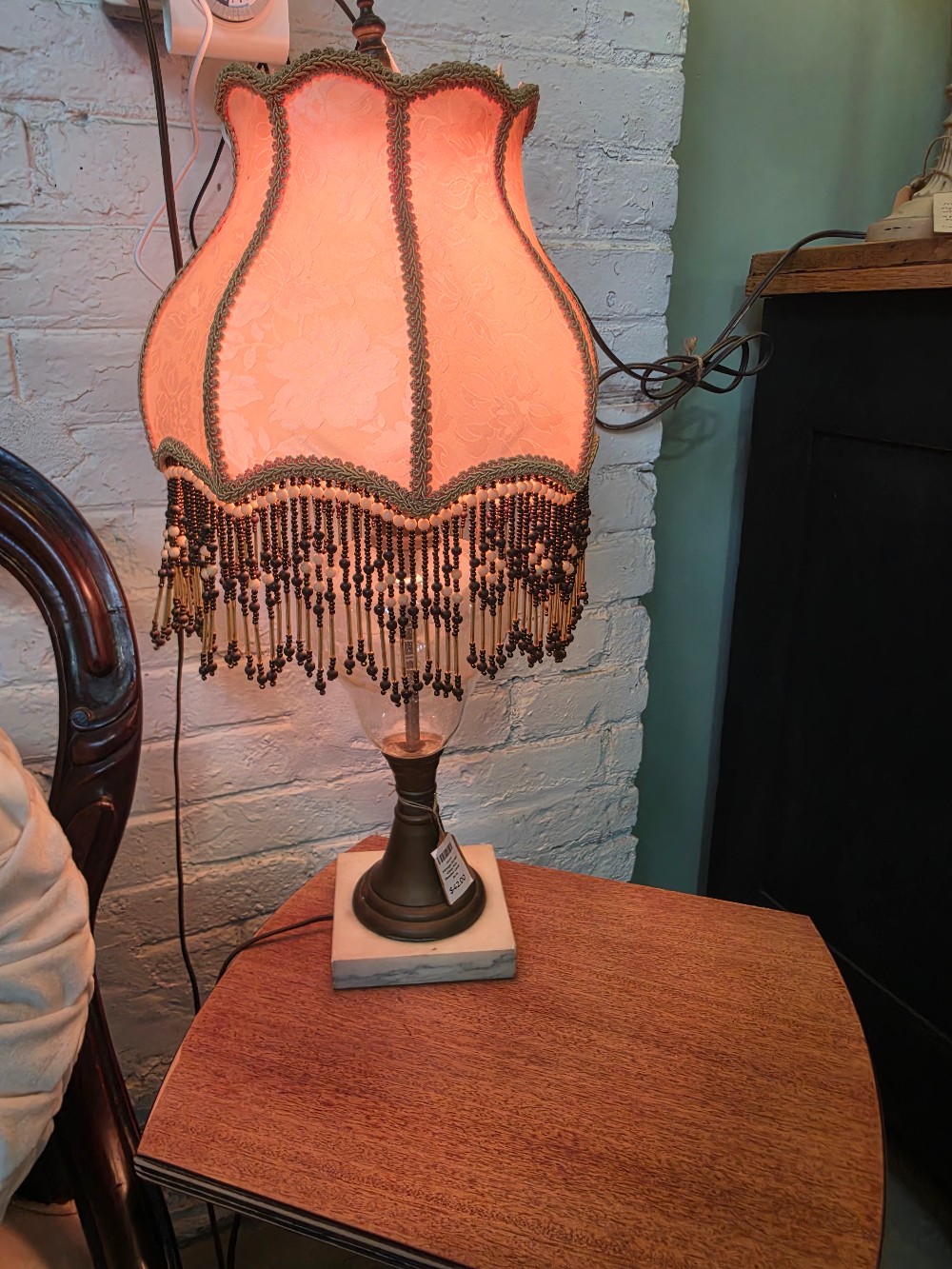 Vintage  Etched Glass Pink Beaded Lamp