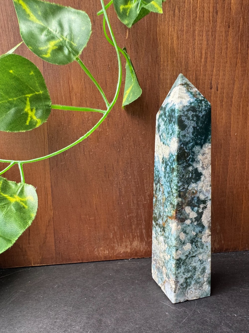 Moss Agate Square Cut Crystal Tower