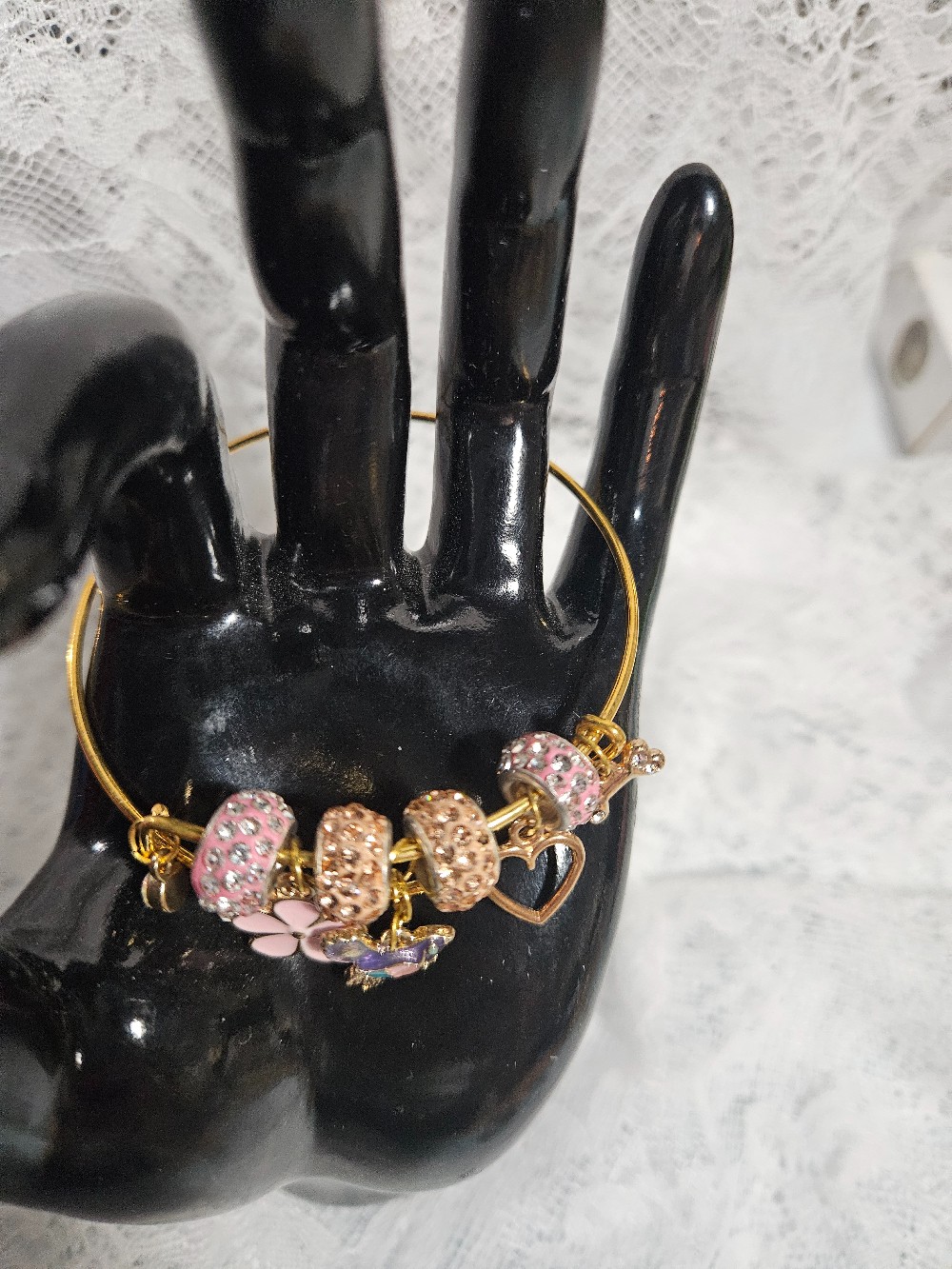 Bird, Flower, and Heart Charm Bangle Bracelet