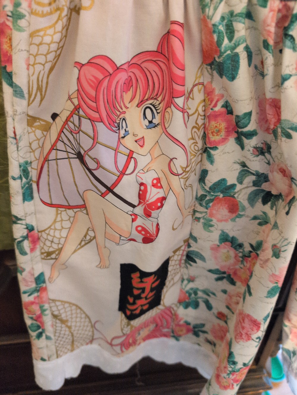 Anime Pink Lady with Parasol and Roses Bell Bottom Jeans