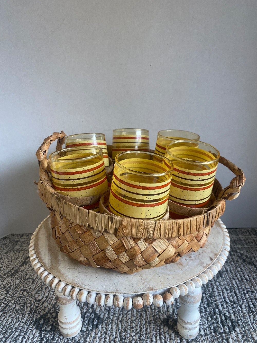 1970s Bareware Tumblers w/ Wicker Basket