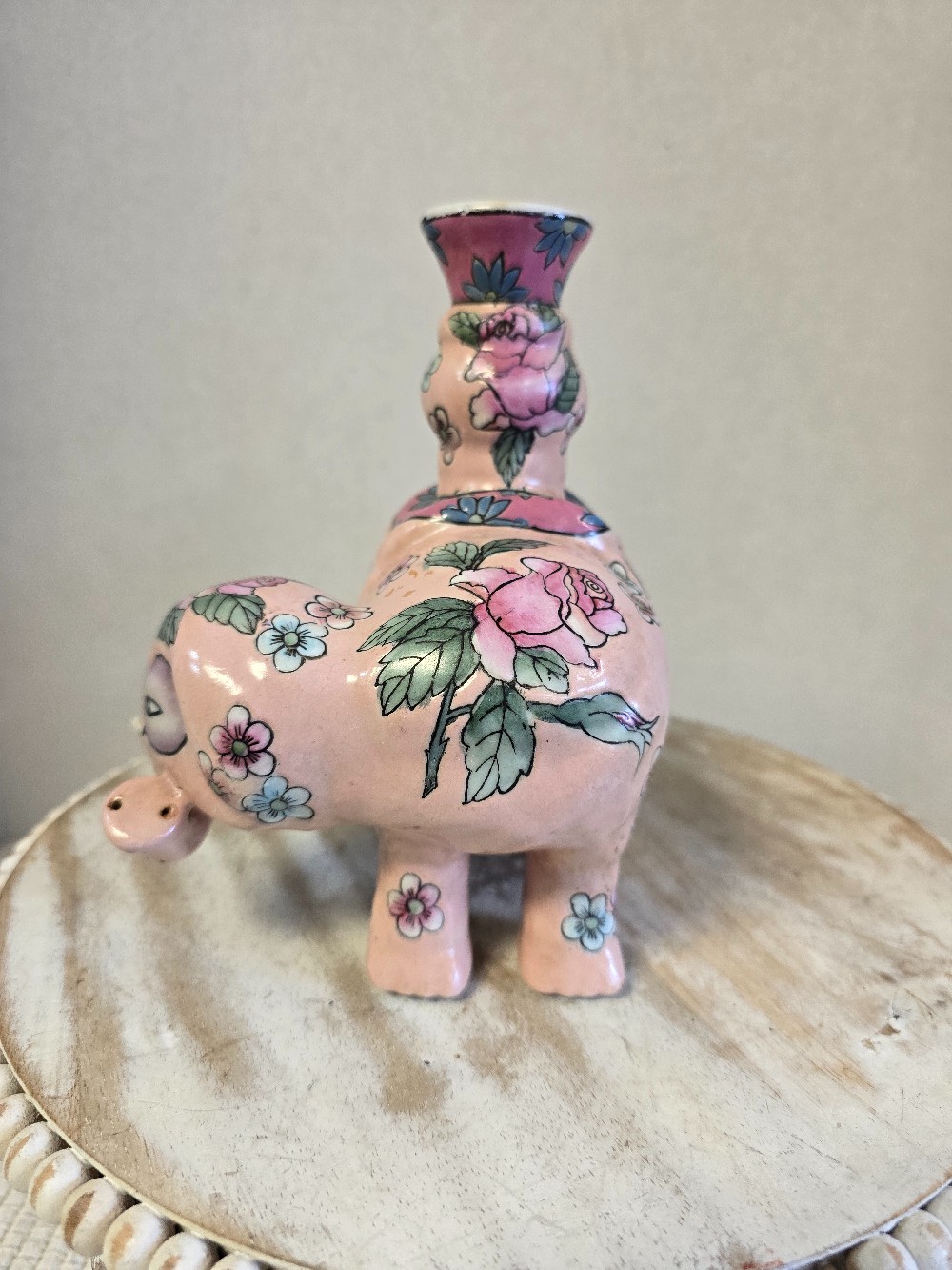 Chinese Porcelain Elephant Candleholder-1 tusk broken