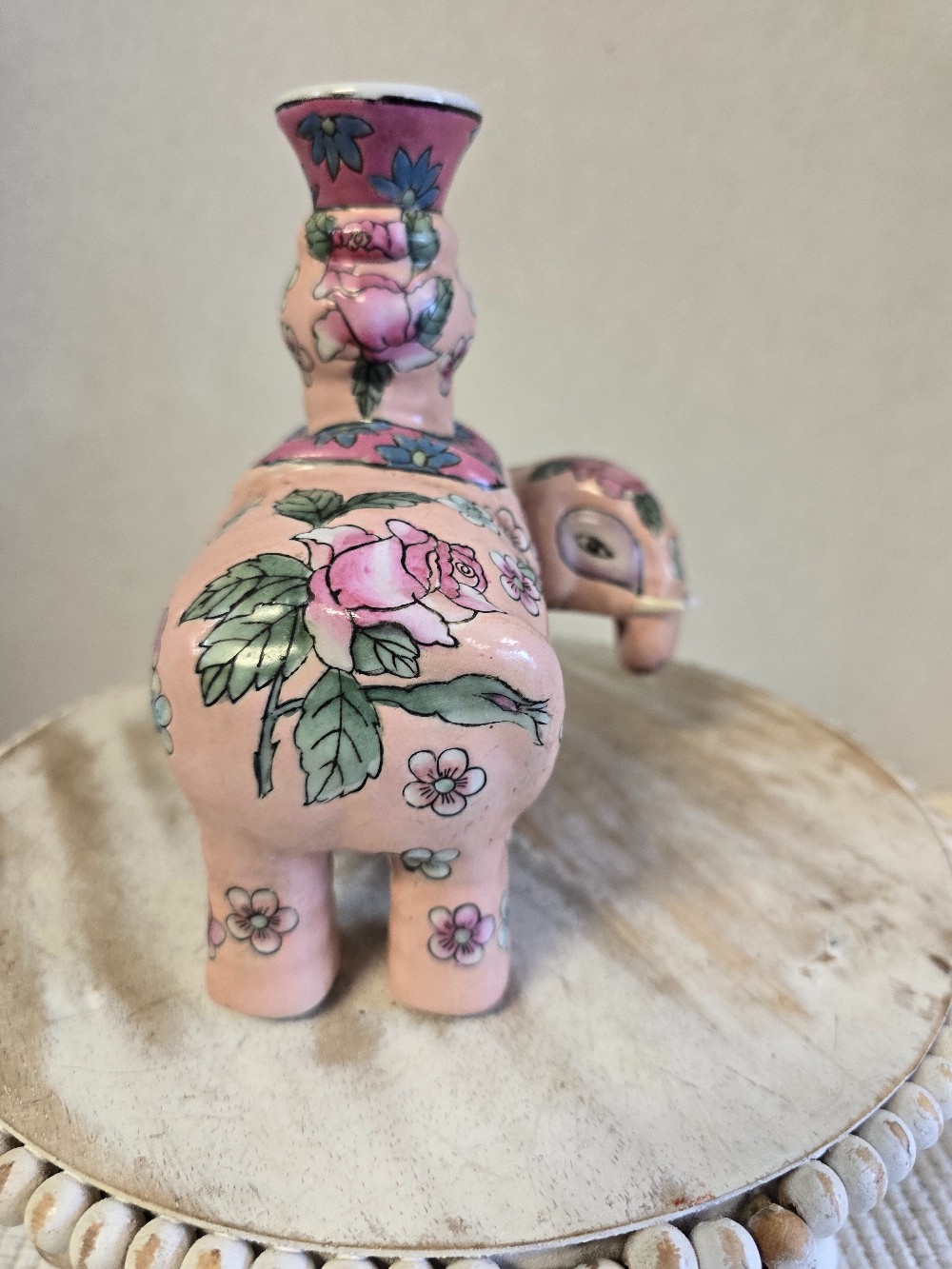 Chinese Porcelain Elephant Candleholder-1 tusk broken