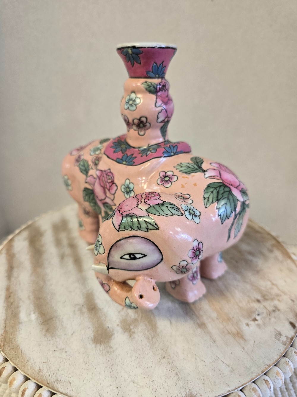 Chinese Porcelain Elephant Candleholder-1 tusk broken