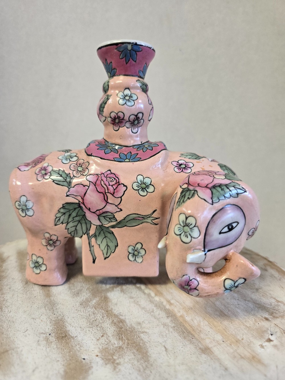 Chinese Porcelain Elephant Candleholder-1 tusk broken
