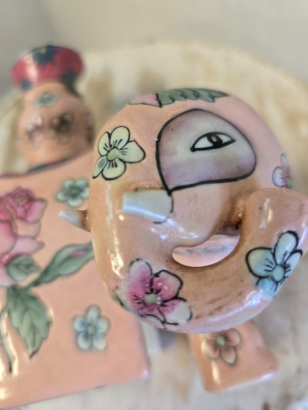 Chinese Porcelain Elephant Candleholder-1 tusk broken