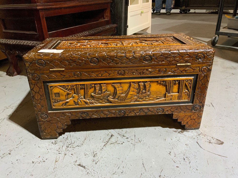 Vintage Chinese Hand Carved Wooden Chest