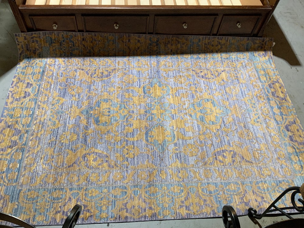 Aqua Silk Blue & Gold Print Rug - 160x225
