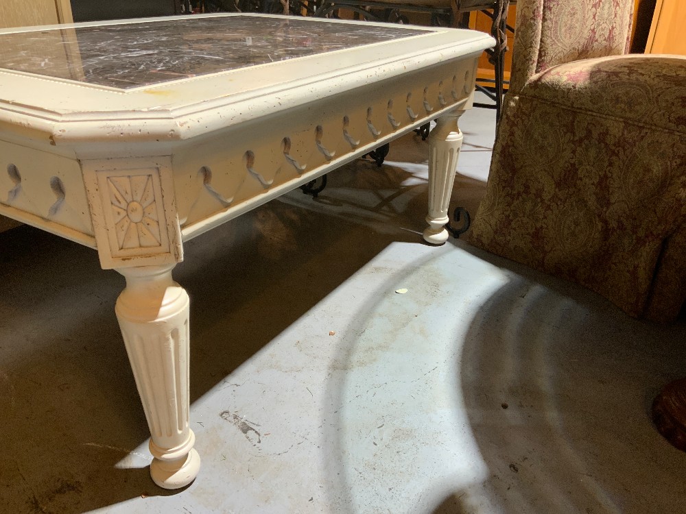 White Wood Marble Top Coffee Table w/ Drawers