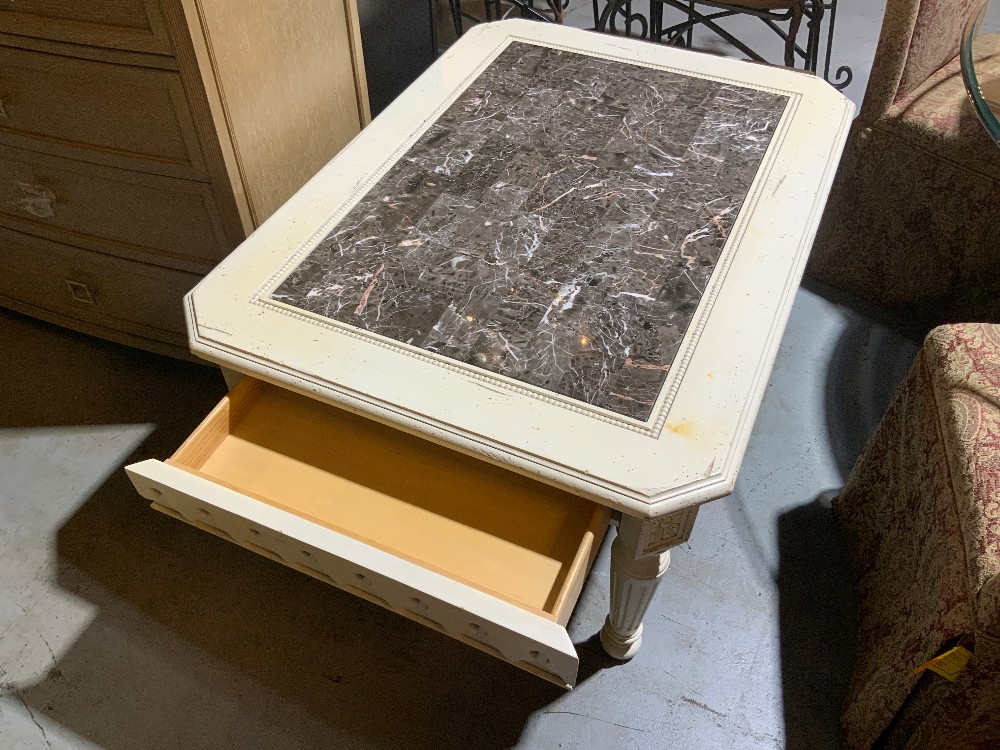 White Wood Marble Top Coffee Table w/ Drawers