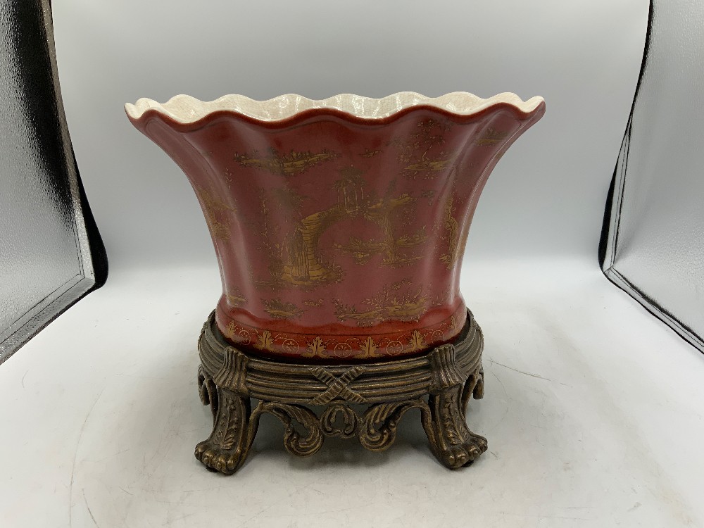 Chinoiserie Style Red Scalloped Planter with Brass Stand