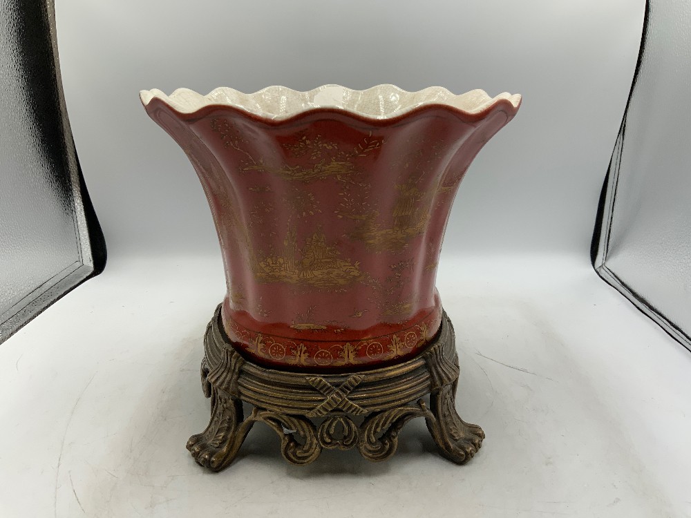 Chinoiserie Style Red Scalloped Planter with Brass Stand