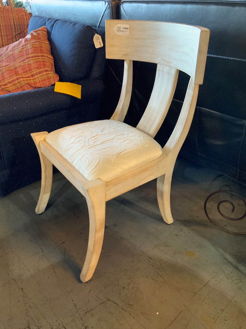 White Wood Accent Chair w/ Fluted Floral Cushion