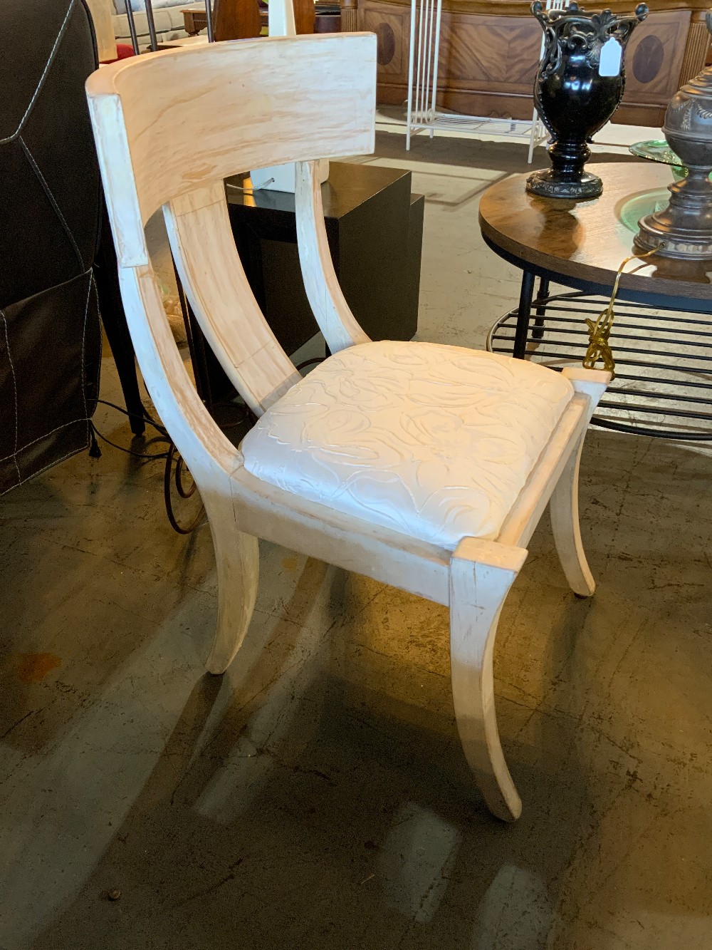 White Wood Accent Chair w/ Fluted Floral Cushion