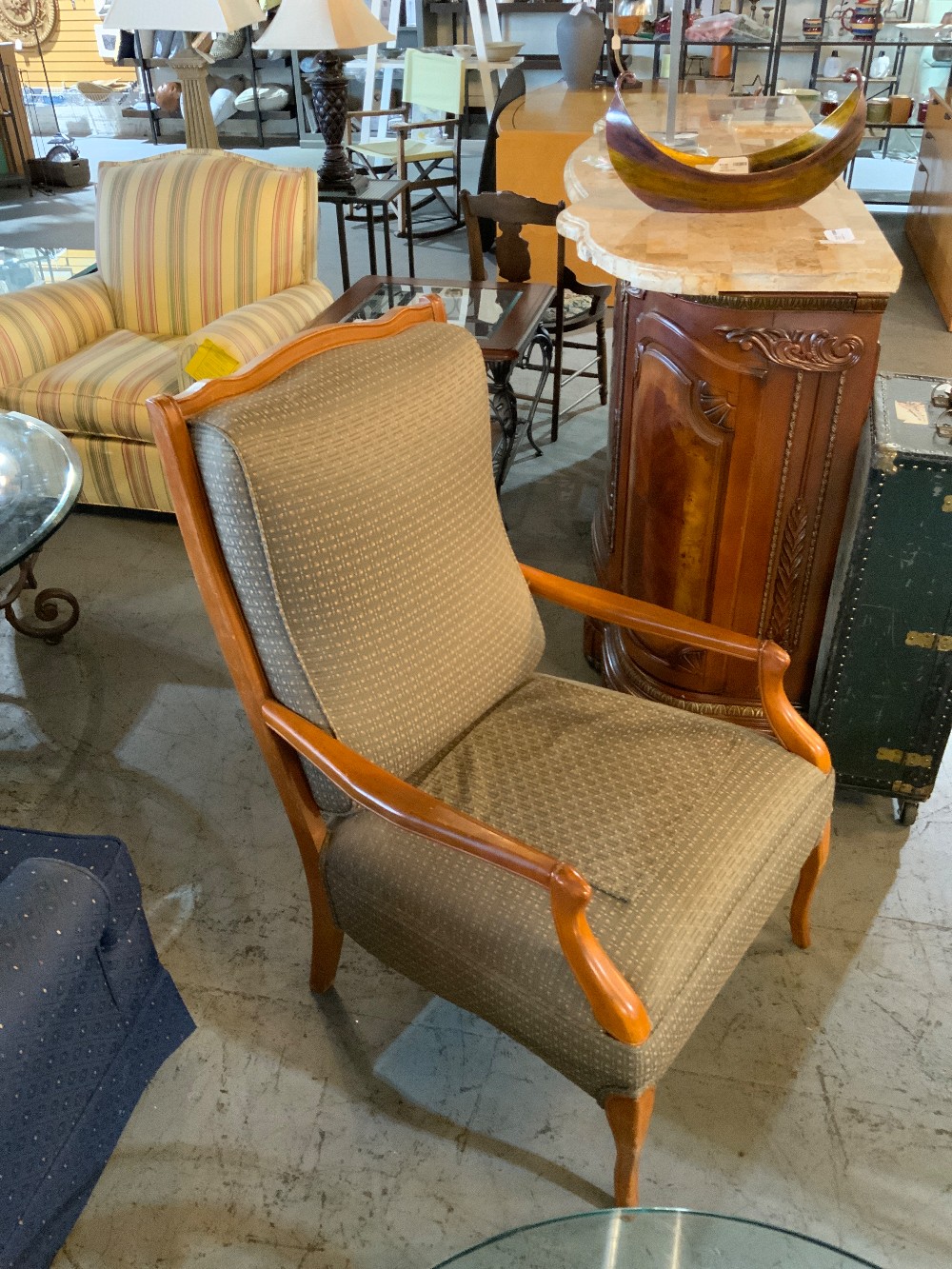 Green Upholstered Accent Chair with Wood Arms