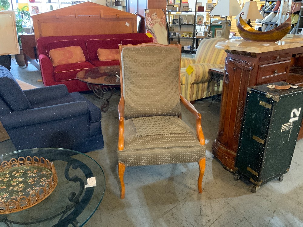 Green Upholstered Accent Chair with Wood Arms