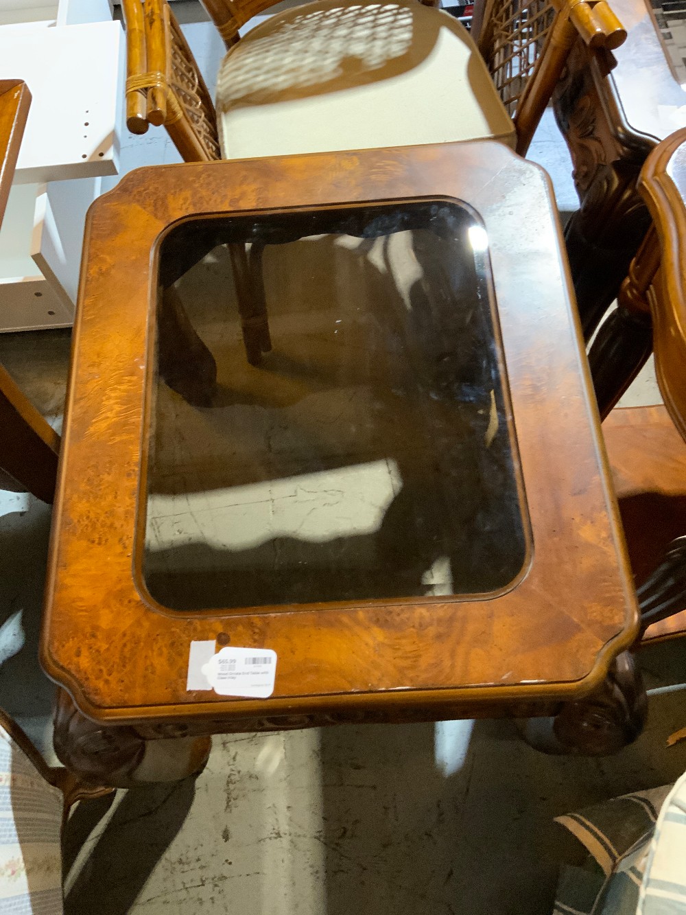 Wood Ornate End Table with Glass Inlay