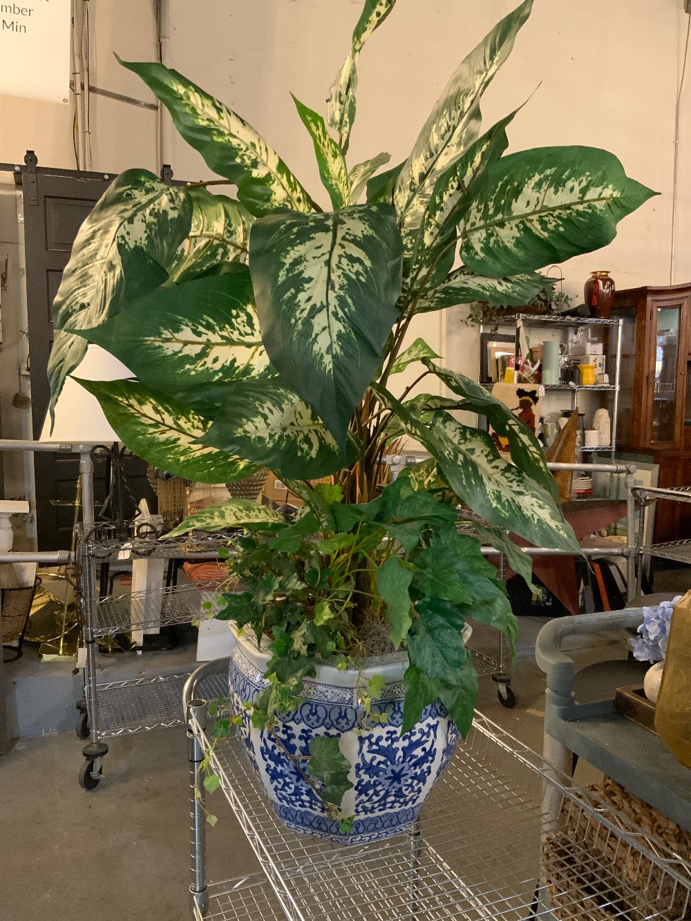 Lg Faux Plant in Blue / White Planter