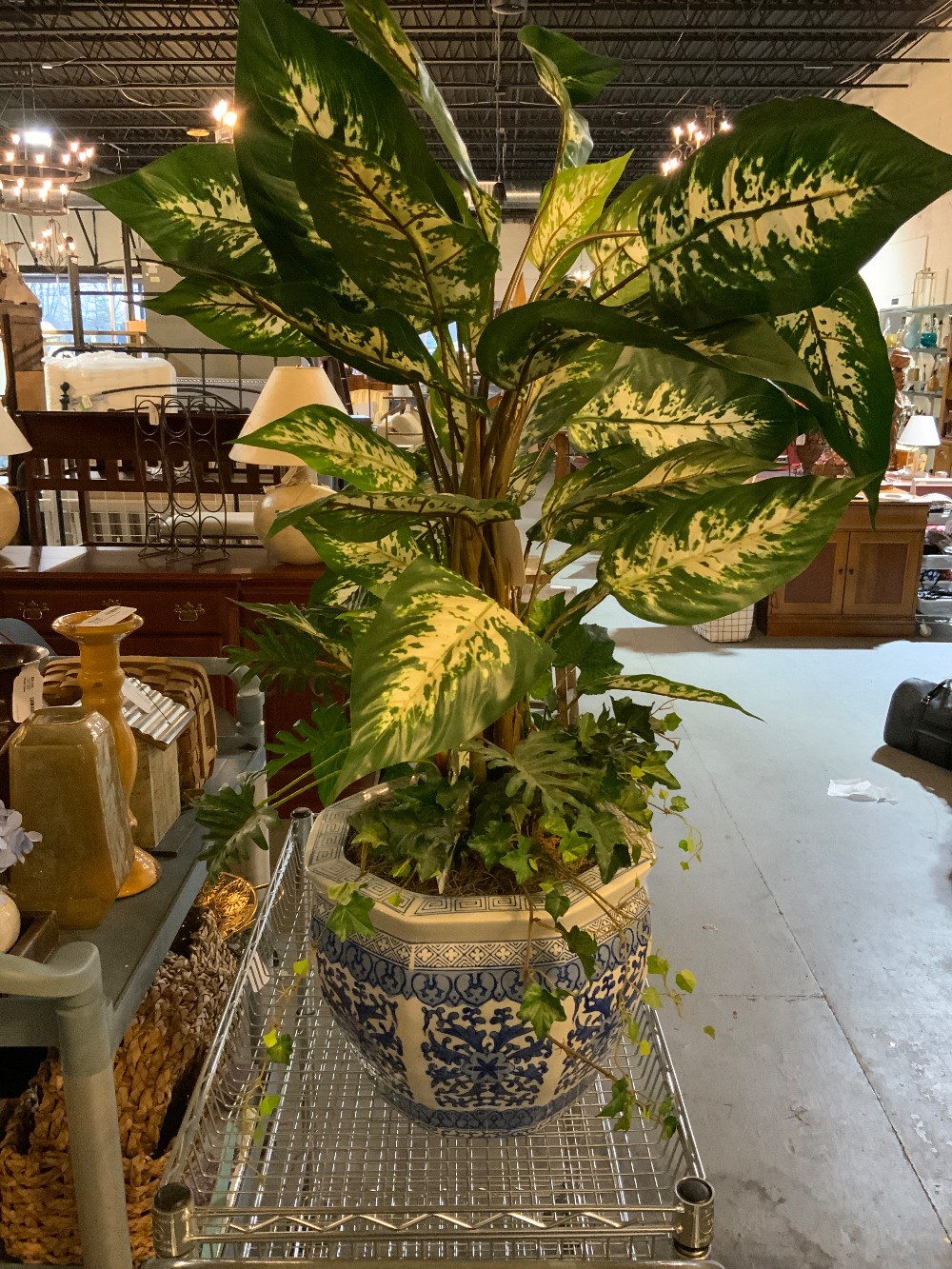 Lg Faux Plant in Blue / White Planter