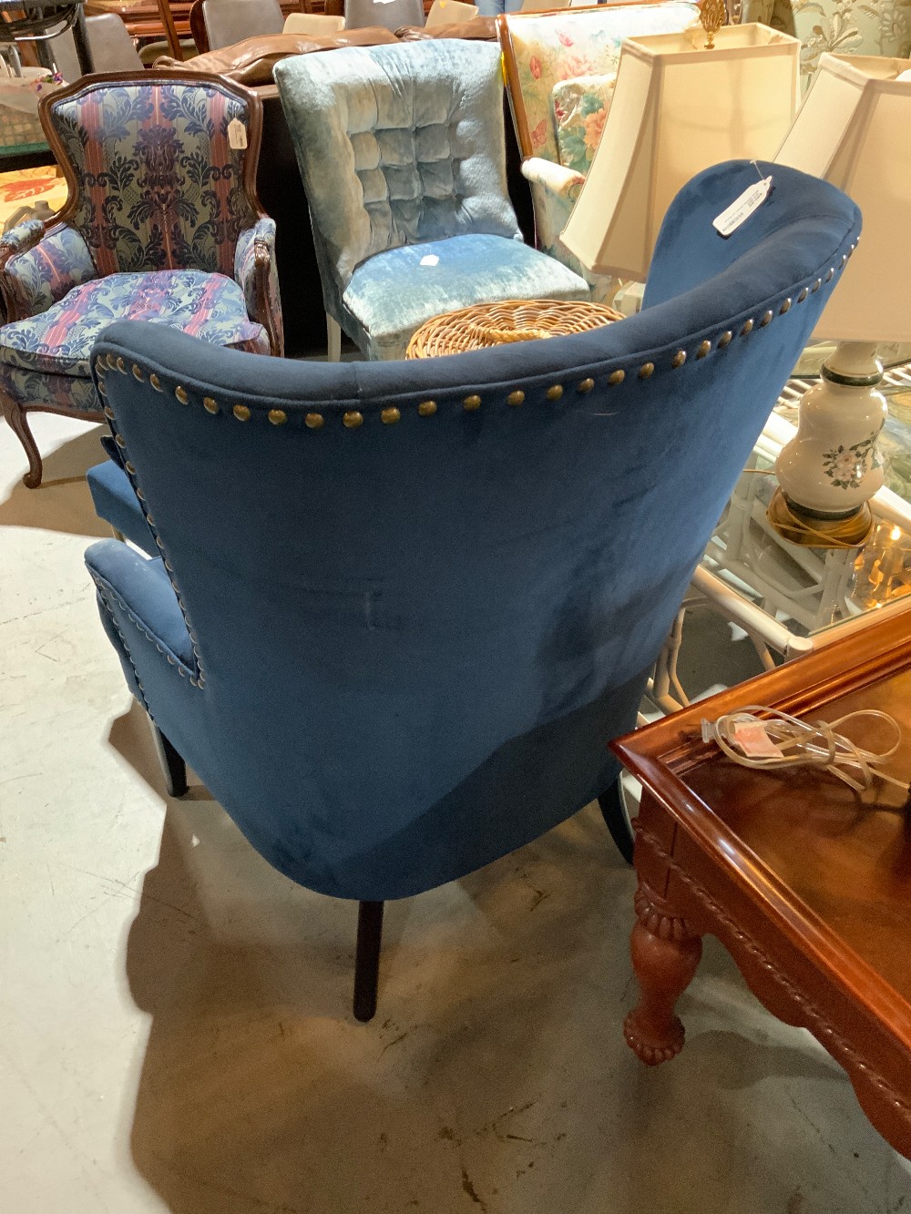 Blue Velvet Chair w/ Stool