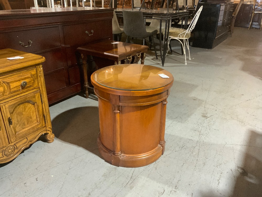 Cylinder Glass Top Wood Side Table