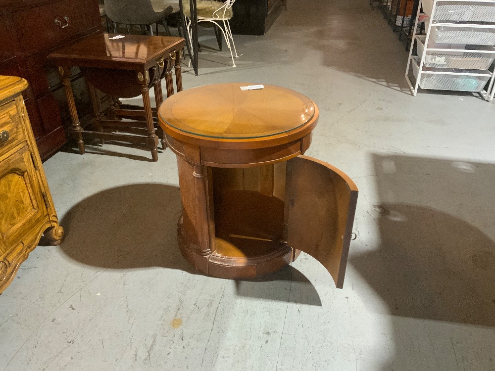 Cylinder Glass Top Wood Side Table